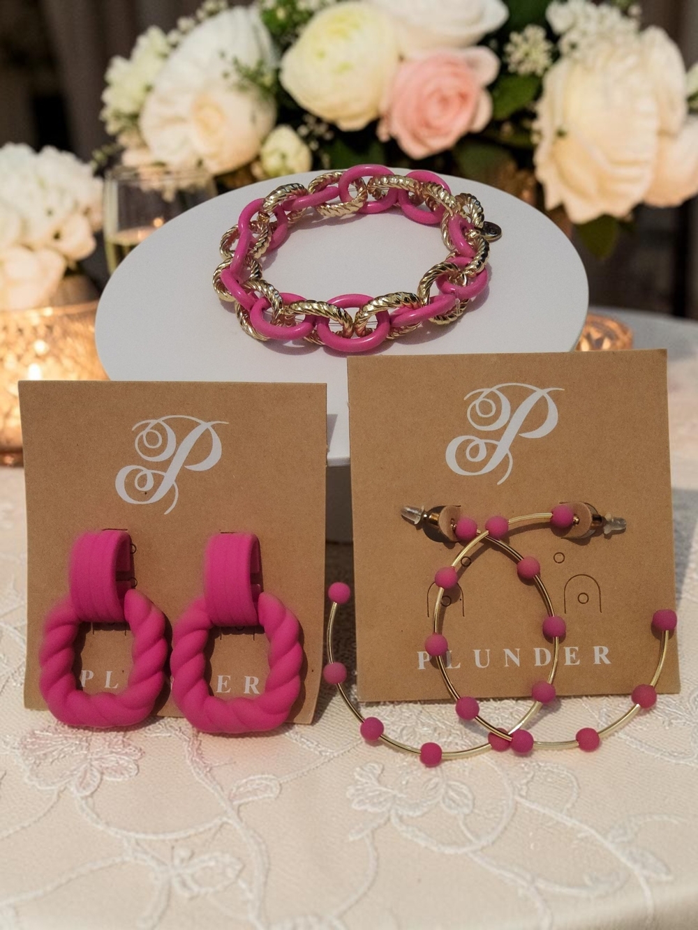 Plunder Hot Pink & Gold Chain and Bead Bracelet + Earring Set